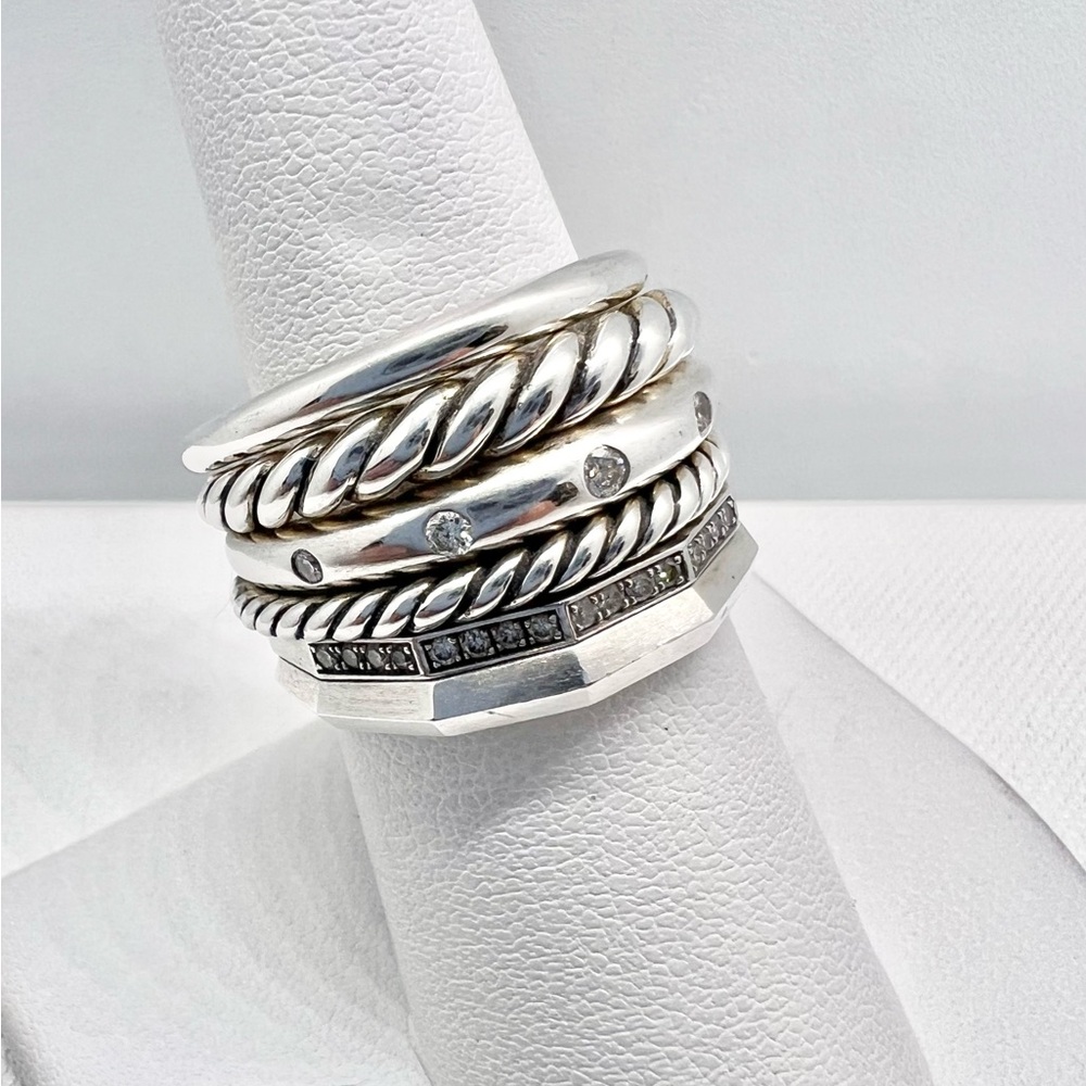 David Yurman Sterling Silver Pave Diamond Stax Six Row Band Ring - Picture 2 of 11